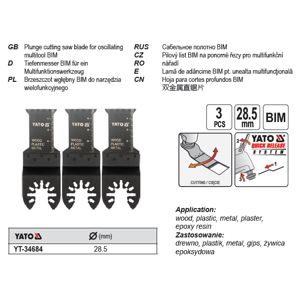 Yato Brzeszczot wgłębny BIM do narzędzia wielofunkcyjnego 28,5mm 3szt. (YT-34684) 3069864 5906083346842