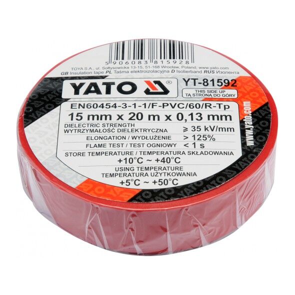 Yato Taśma elektroizolacyjna 15x0,13mm/20m PVC izolacja-max 40kV czerwona - YT-81592 3073900 5906083815928