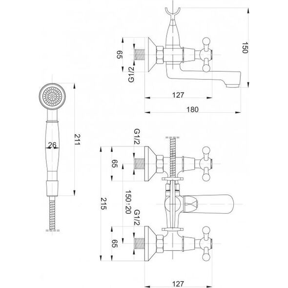 Bateria wannowa Hydroland Retro ścienne chrom (B201) 3076717 5900238565164