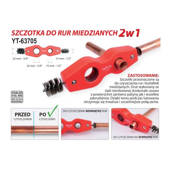 Yato Szczotka wewnętrzna do rur miedzianych 2w1 Ø=15 i 22mm (YT-63705) 3089175 5906083637056