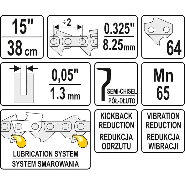 Yato Łańcuch tnący 15" 0.325, 64 ogniw półdłuto szerokość 1,3mm (YT-84945) 3178750 5906083849459