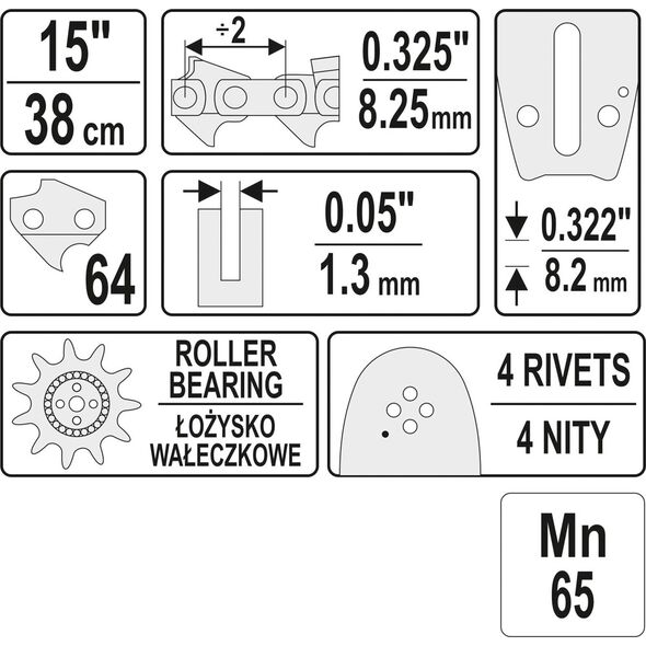 Yato Prowadnica łańcucha 38cm 15" podziałka 0,325" U dla YT-84905, YT-84945, YT-84962 (YT-84933) 3178753 1110003138187