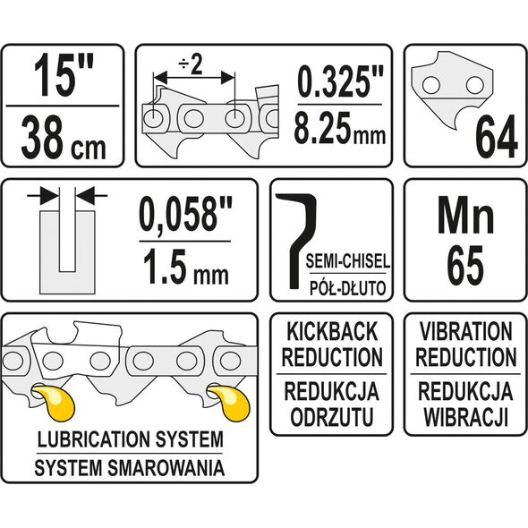Yato Łańcuch tnący 15" 64 ogniw dopił 0,325" pół dłuto (YT-84941) 3179893 5906083849411