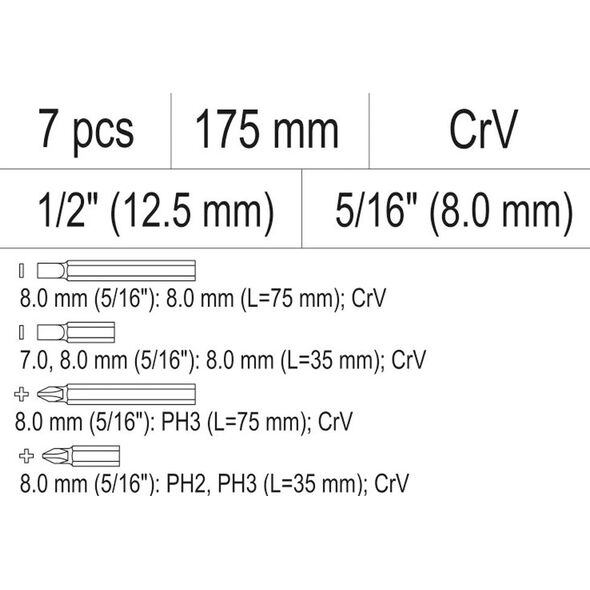 Yato Wkrętak udarowy z wymiennymi końcówkami 175mm (YT-28003) 3347972 5906083004933