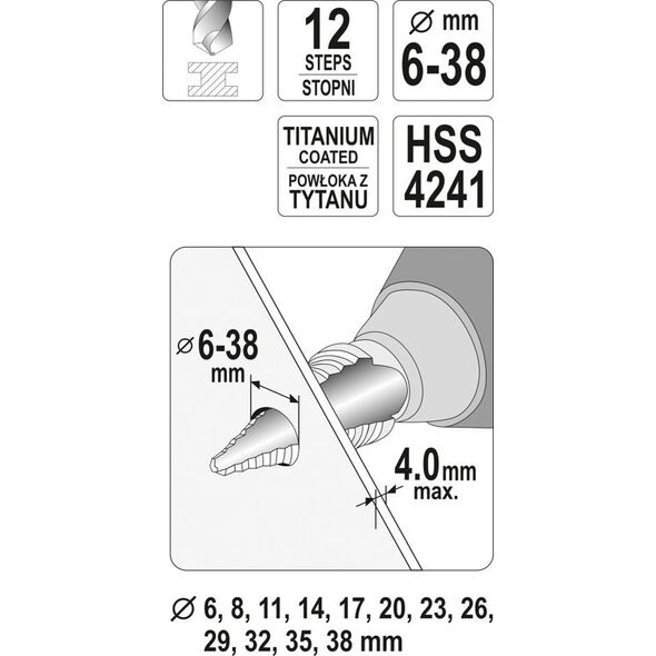 Wiertło Yato stopniowe walcowe 6 11 14 8 17 20 32 29 23 38 26 35mm  (YT-44740) 3394755 5906083013263