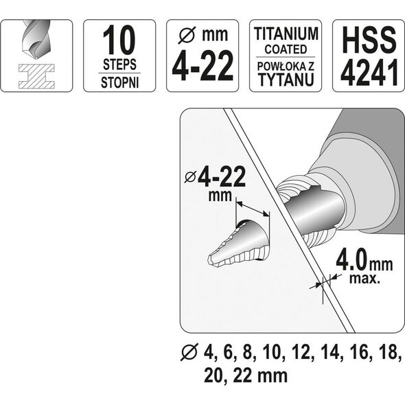 Wiertło Yato stopniowe walcowe 4 6 10 12 14 16 8 18 20 22mm  (YT-44741) 3394756 5906083013270