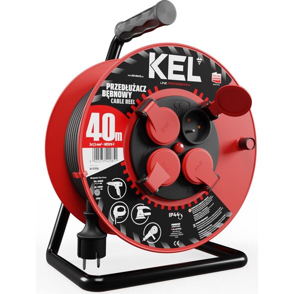 KEL Przedłużacz bębnowy PROFESSIONAL LINE 40m H05RR-F 3x1,5 4xGS 16A IP44 czarny (W-97056) 4000474 5902273400851
