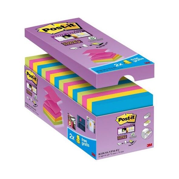 Post-it Bloczek samoprzylepny SUPER STICKY Z-NOTES R330-SS-VP16 76x76mm mix kolorów, 16 sztuk (3M0584) 4692708 51141401508