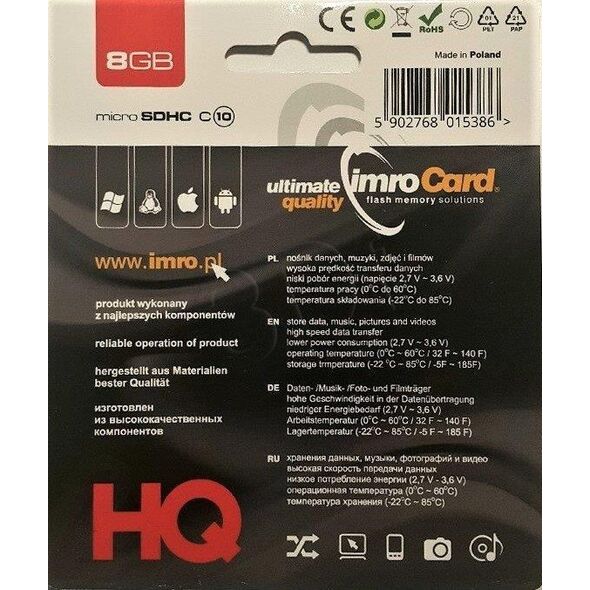 Karta Imro MicroSDHC 8 GB Class 10  (10/8G) 4918240 5902768015386