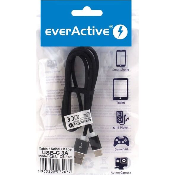 Kabel USB EverActive USB-A - USB-C 1 m Czarny (CBS-1CB) 6121705 5903205770677