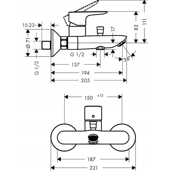 Bateria wannowa Hansgrohe Jednouchwytowa bateria wannowa Talis E, montaż natynkowy, DN18 7005889 4059625232248