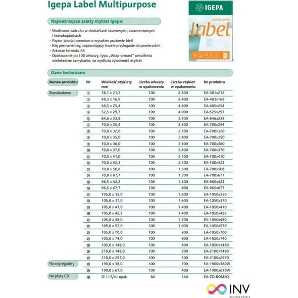 Mondi ETYKIETY A4 IGEPA 70.0 X 41.0 MM BIAŁE (100) 7699972 4026343004990
