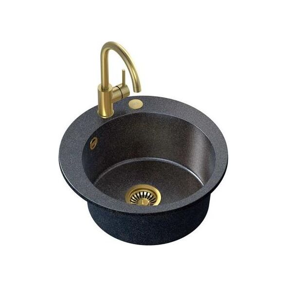 Zlewozmywak Steiner ART JAMES 210 (Ø51x20) Steingran Art Gold Black Pearl z syfonem manualnym, baterią Naomi i zaślepką - czarny opalizacja złota 8408428 5903242537011