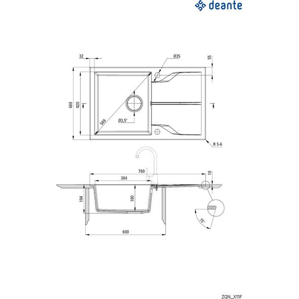 Zlewozmywak Deante Deante Andante Flush  1-komorowy z ociekaczem - nero 8508008 5908212096017