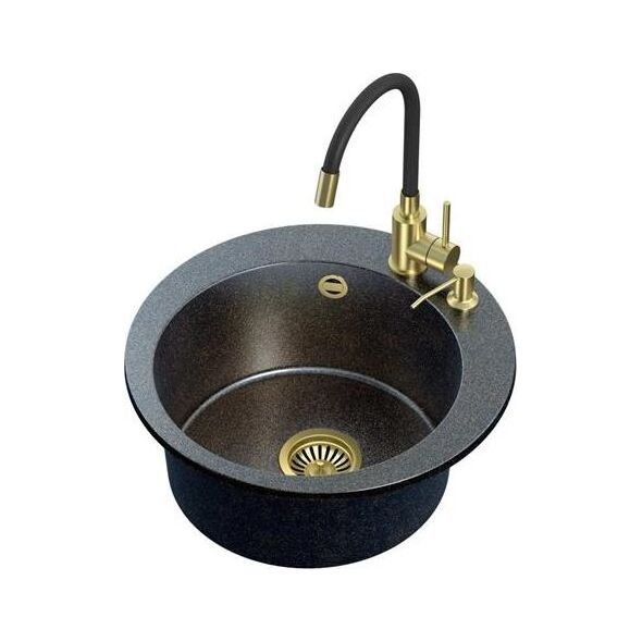 Zlewozmywak Steiner ART JAMES 210 (Ø51x20) Steingran Art Gold Black Pearl z syfonem manualnym, baterią Maggie i dozownikiem - czarny opalizacja złota 8648349 5903242538827