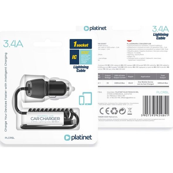 Ładowarka Platinet Jednoczęściowa 1x USB-A 3.4 A  (PLCRSL) 8734256 5907595454841