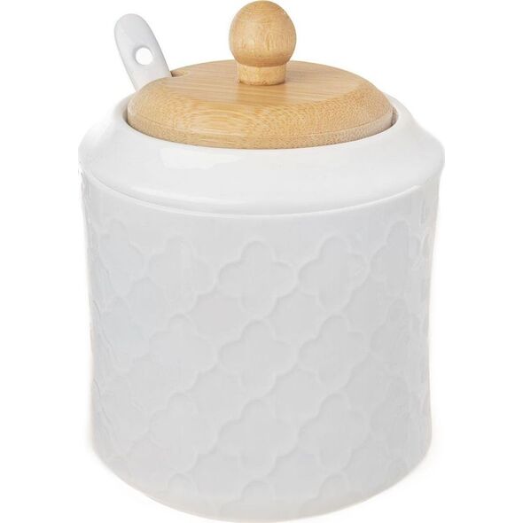 Orion Cukierniczka porcelanowa z łyżeczką i pokrywką bambusową cukiernica pojemnik na cukier 11,5 cm 9454517 8592381174323