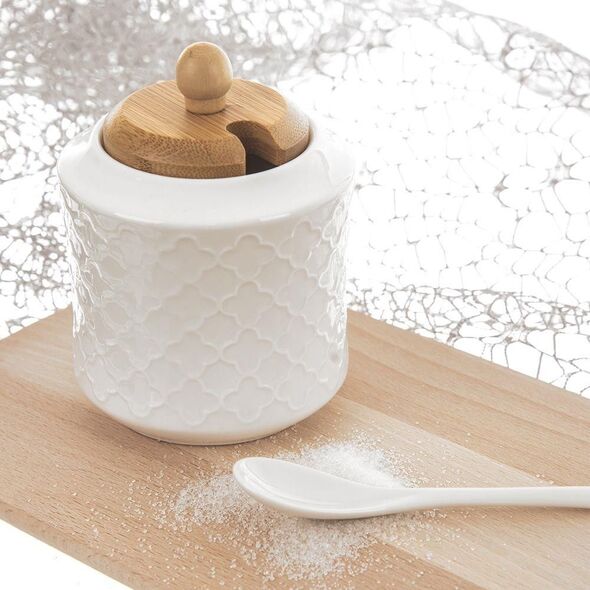 Orion Cukierniczka porcelanowa z łyżeczką i pokrywką bambusową cukiernica pojemnik na cukier 11,5 cm 9454517 8592381174323