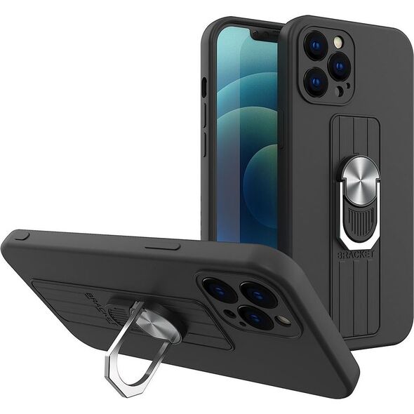 Hurtel Ring Case silikonowe etui z uchwytem na palec i podstawką do Samsung Galaxy S21+ 5G (S21 Plus 5G) czarny 9511159 9145576215449