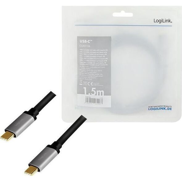 Kabel USB LogiLink USB-C - USB-C 1.5 m Czarno-srebrny (CUA0106)