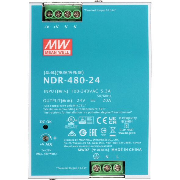 Mean Well Zasilacz impulsowy AC/DC na szynę DIN 480W 90-264VAC Uwyj 24VDC 20A PFC aktywne NDR-480-24 9643534 5902887089855