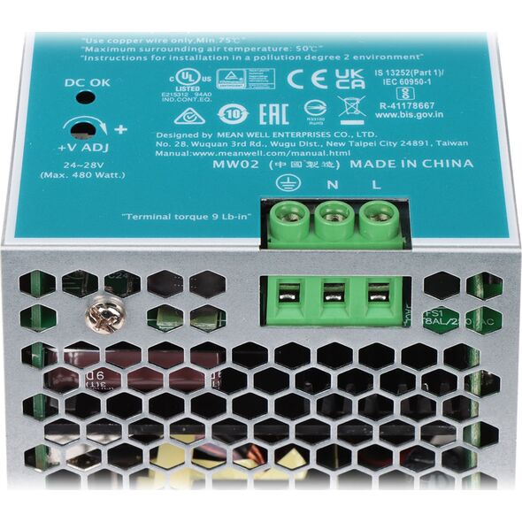 Mean Well Zasilacz impulsowy AC/DC na szynę DIN 480W 90-264VAC Uwyj 24VDC 20A PFC aktywne NDR-480-24 9643534 5902887089855