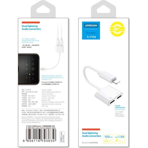 Adapter USB Joyroom Lightning - Jack 3.5mm + Lightning Biały  (6956116718978) 9903492 6956116718978