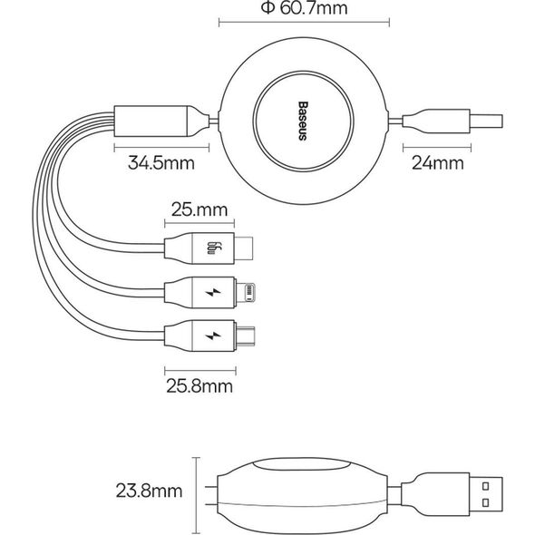 Kabel USB Baseus USB-A - USB-C + microUSB + Lightning 1.1 m Fioletowy (BSU3357PRP) 11112649 6932172609115