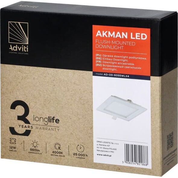 Orno AKMAN LED 12W, oprawa downlight, podtynkowa, kwadratowa, 860lm, 4000K, biała, wbudowany zasilacz LED,AD-OD-6055WLX4 11210370 5908254821868
