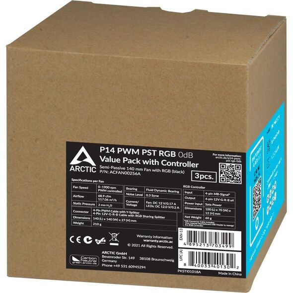 Wentylator Arctic P14 PWM PST RGB 0dB 3-pack + Hub (ACFAN00256A) 11237975 4895213703499