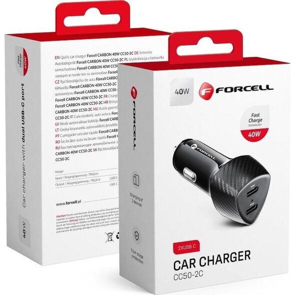 Ładowarka ForCell FORCELL CARBON ładowarka samochodowa Typ C 3.0 PD20W + Typ C 3.0 PD20W CC50-2C czarna (Total 40W) 11466630 5903396133787