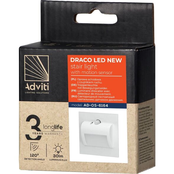Oprawa schodowa Orno DRACO LED NEW 1,5W, oprawa schodowa podtynkowa, 12VDC, 30lm, 4000K, biała, czujnik ruchu i zmierzchu AD-OS-6164LR4/W 11616790 5908254821066