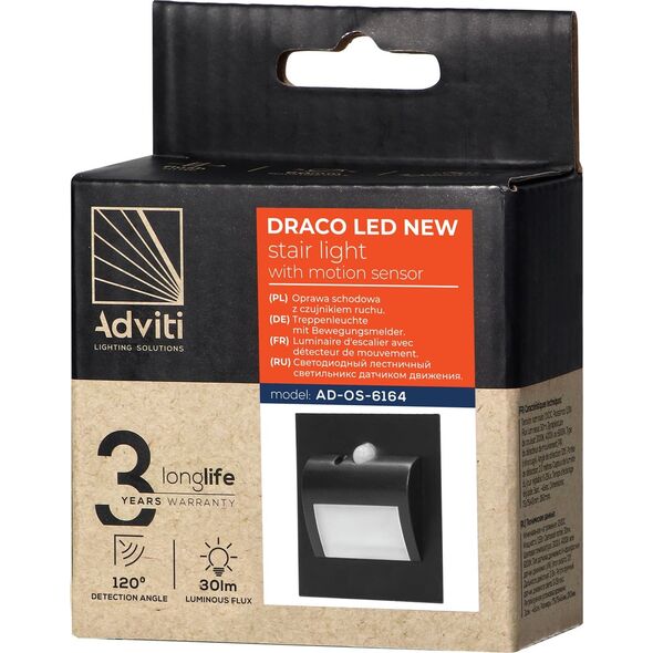 Oprawa schodowa Orno DRACO LED NEW 1,5W, oprawa schodowa podtynkowa, 12VDC, 30lm, 6000K, czarny, czujnik ruchu i zmierzchu AD-OS-6164LR6/B 11616794 5908254819766