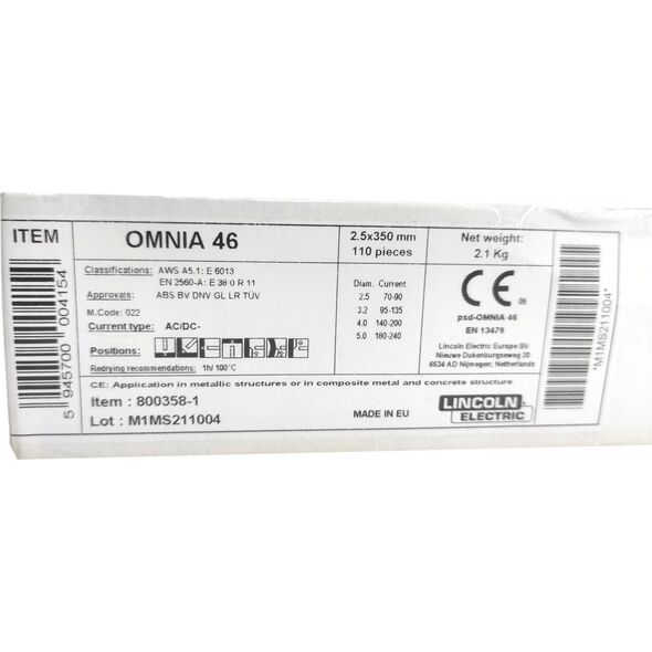Lincoln Electric ELEKTRODA RUTYLOWA 2,5mm 350mm 2,1kg OMNIA 46 LINCOLN ELECTRIC 11737319 5945700004154