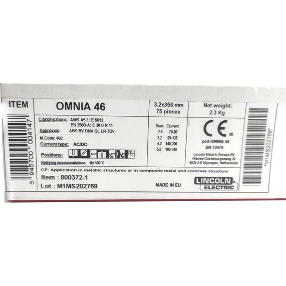 Lincoln Electric ELEKTRODA RUTYLOWA 3,2mm 350mm 2,3kg. OMNIA 46 LINCOLN ELECTRIC 11737320 5945700004147
