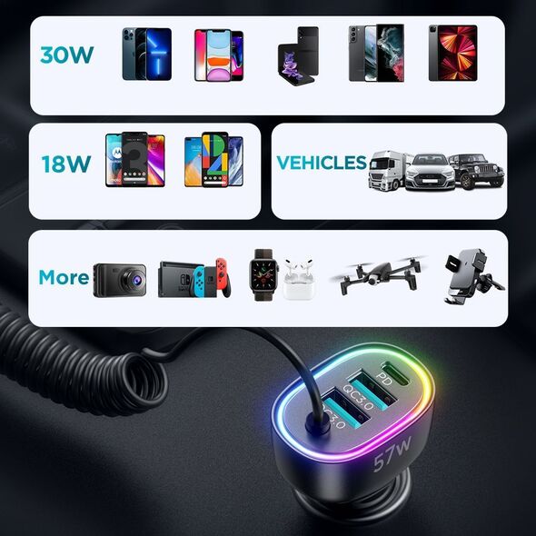 Ładowarka Joyroom Ładowarka samochodowa Joyroom 4w1 PD, QC3.0, AFC, FCP + kabel Lightning 1,6m 57W czarny (JR-CL20) 12321800 6941237198969