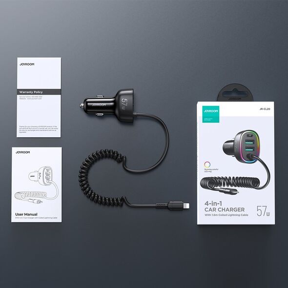 Ładowarka Joyroom Ładowarka samochodowa Joyroom 4w1 PD, QC3.0, AFC, FCP + kabel Lightning 1,6m 57W czarny (JR-CL20) 12321800 6941237198969