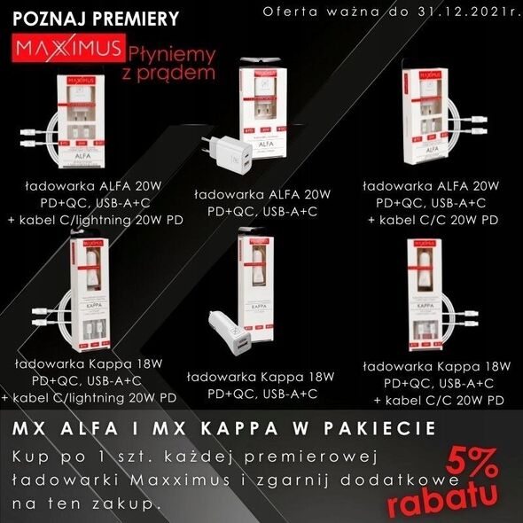 Ładowarka Maxximus ŁAD. SIECIOWA MX ALFA 20W PD+QC, USB-A+C WHITE/BIAŁY 12419848 5901313560784