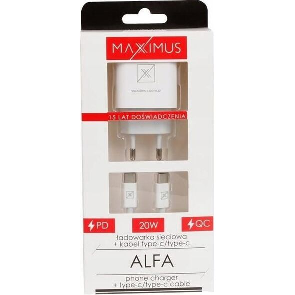 Ładowarka Maxximus ŁAD. SIECIOWA MX ALFA 20W PD+QC, USB-A+C + KABEL C/C 20W PD, WHITE/BIAŁY 12419849 5901313560791