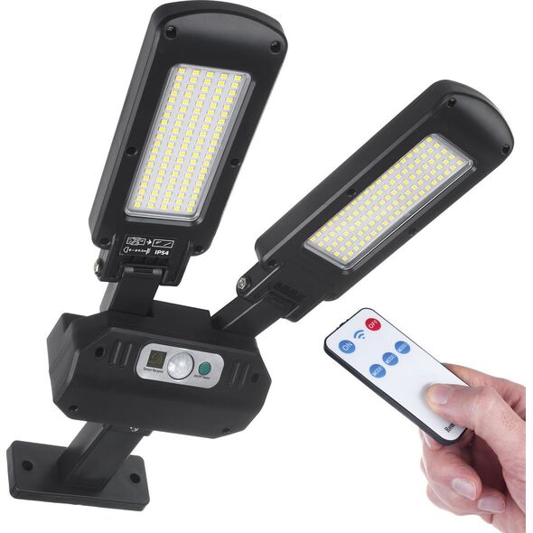 Maclean Solarna lampa uliczna LED z czujnikiem ruchu i pilotem Maclean IP54, 5W, 2x450lm, 6500K, Li-ion 2400 mAh, 3 tryby pracy MCE447 12479209 5902211128540