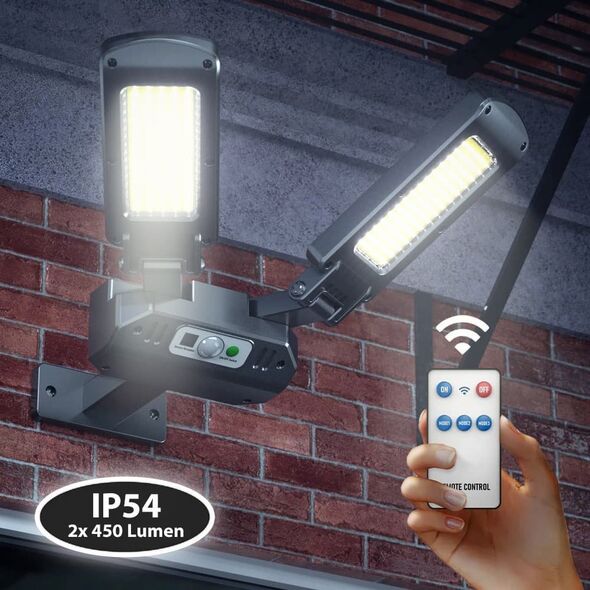 Maclean Solarna lampa uliczna LED z czujnikiem ruchu i pilotem Maclean IP54, 5W, 2x450lm, 6500K, Li-ion 2400 mAh, 3 tryby pracy MCE447 12479209 5902211128540