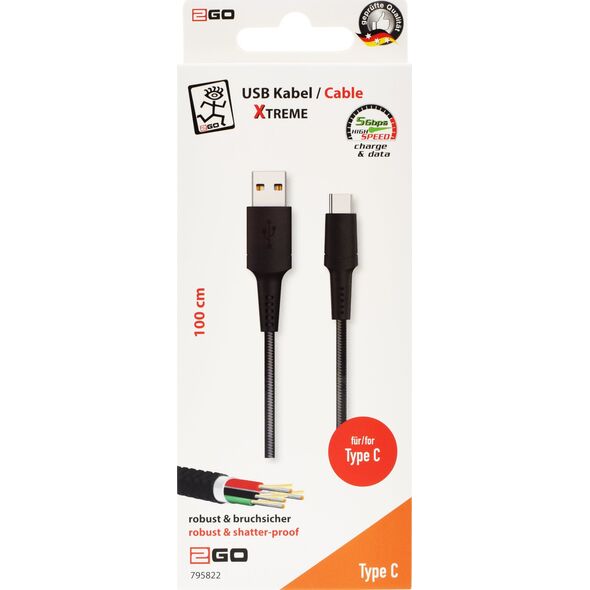 Kabel USB 2GO 2GO USB Ladekabel "Xtreme"-schwarz-100cm für USB Type C 3.1 12536712 4010425958226
