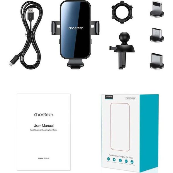 4kom.pl Uchwyt samochodowy Choetech Holder do auta na telefon z ładowarką indukcyjną QI na kratkę + magnetyczne końcówki Czarny 12564467 6932112102119