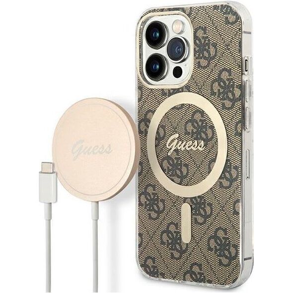 Ładowarka Guess Zestaw Guess etui + ładowarka bezprzewodowa GUBPP13LH4EACSW Apple iPhone 13 Pro brązowy/brown hard case 4G Print MagSafe 12568569 3666339102876