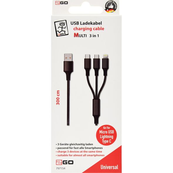 Kabel USB 2GO USB-A - USB-C + microUSB + Lightning 3 m Czarny (797154) 12569785 4010425971546