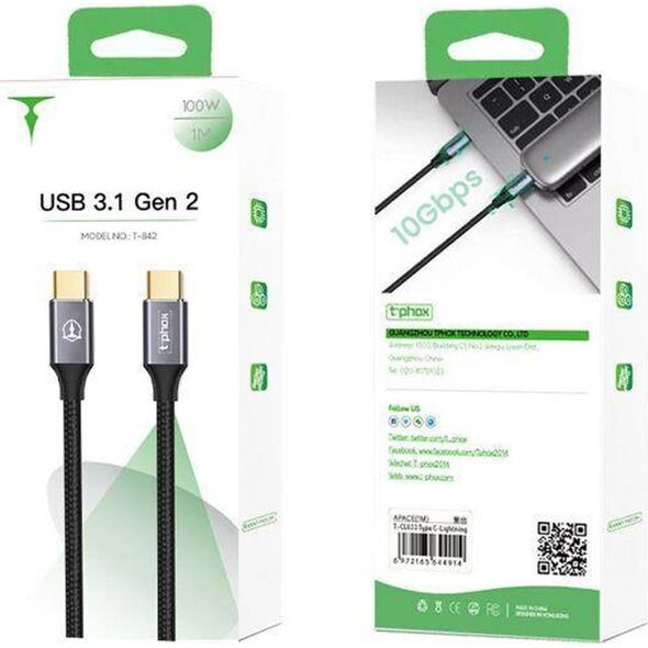 Kabel USB T-Phox USB-C - USB-C 1 m Czarny 12744646 6974670441897