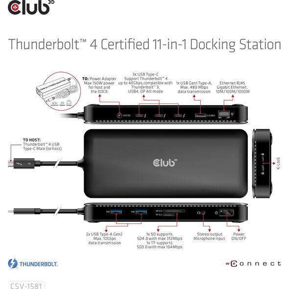 HUB USB Club 3D Club3D Thunderbolt4 11-in-1 HUB > 3xThunderbolt/3xUSB  St/Bu retail 12905716 8719214472603