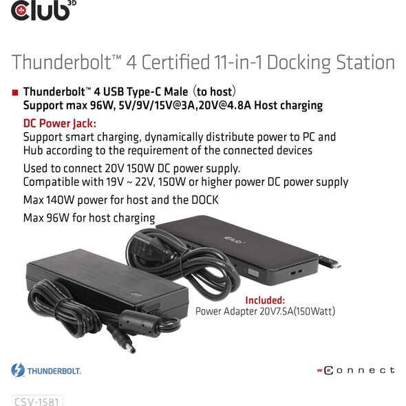 HUB USB Club 3D Club3D Thunderbolt4 11-in-1 HUB > 3xThunderbolt/3xUSB  St/Bu retail 12905716 8719214472603
