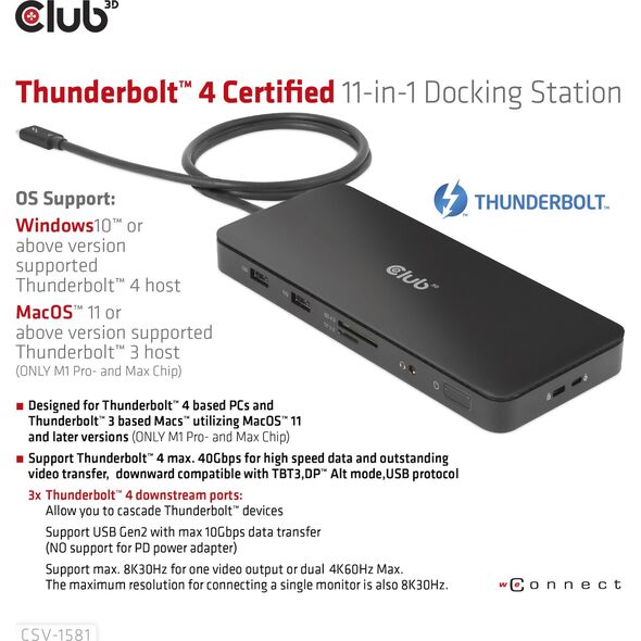 HUB USB Club 3D Club3D Thunderbolt4 11-in-1 HUB > 3xThunderbolt/3xUSB  St/Bu retail 12905716 8719214472603