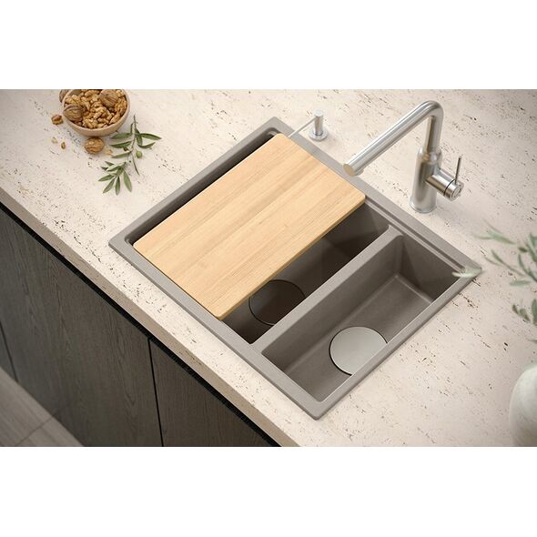 Zlewozmywak GraniteQ QUADRON | LOGAN 150 | granitowy zlewozmywak kuchenny SZARY + ZŁOTO PVD | wymiary: 56 x 46 x 22 cm | 1,5-komorowy wpuszczany | podbudowa szafki od: 60 cm 12945693 5904310999106